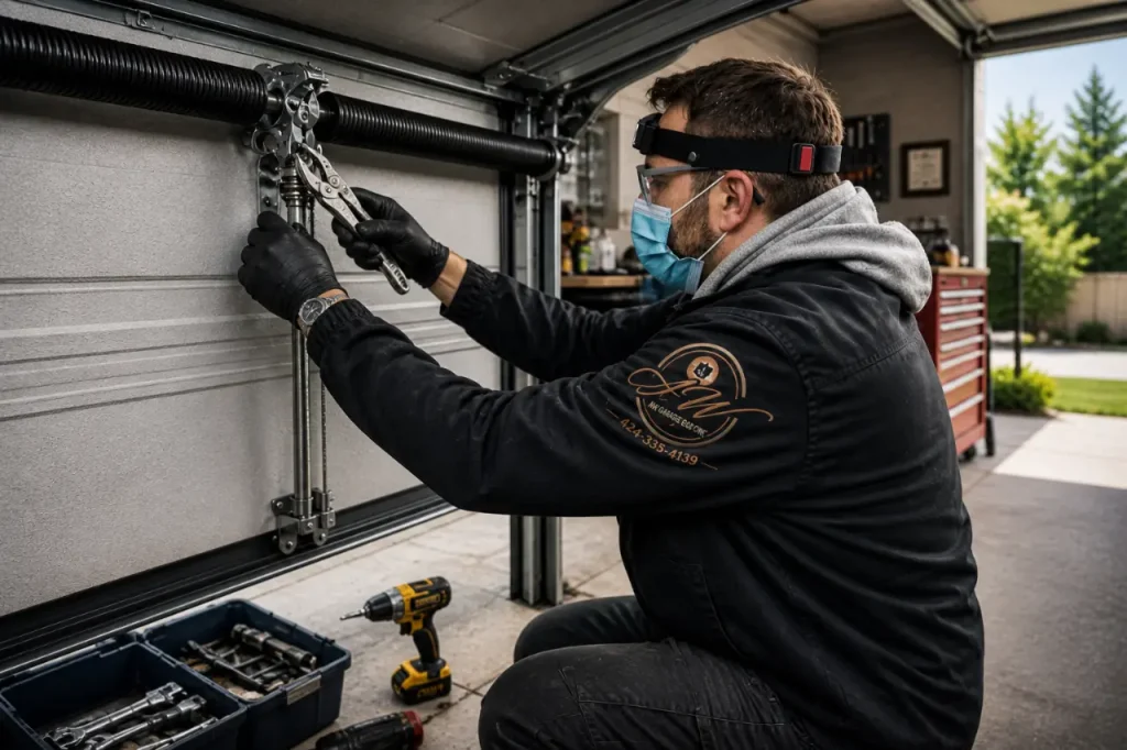 AW technician performing a garage door repair